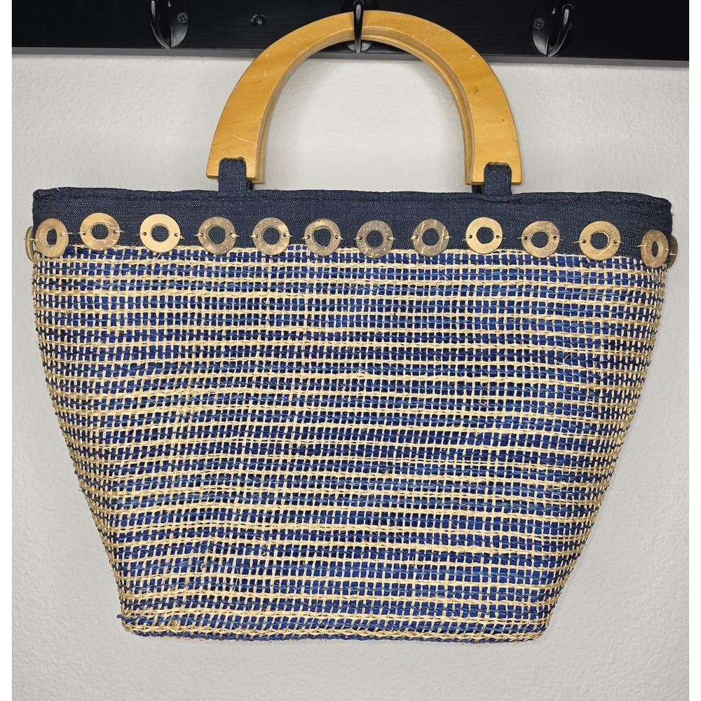 Coastal Woven Straw Tote Bag Blue Nautical Beach Handbag Wood Ring Handle Boho